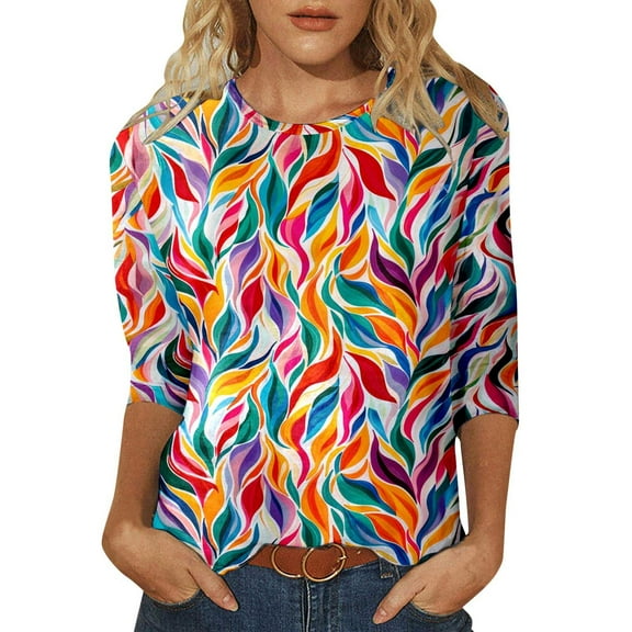 Women's Casual 3/4 Sleeve T-Shirts 2026 Fashion Floral Printed Crew Neck Pullover Blouses Business Work Fashion Regular Fit Tops