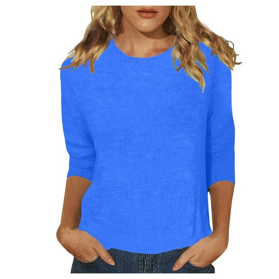 Women's Casual 3/4 Sleeve T-Shirts Cute Trendy Funny Solid Color Round Neck Tunic Tops Lightweight Dressy Classic Fit Blouses