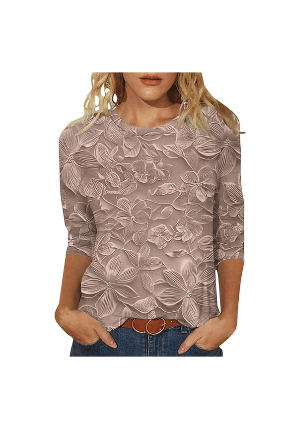 Women's Casual 3/4 Sleeve T-Shirts Dressy Casual Floral Print Tops Trendy Plus Size Crew Neck Tunic Loose Boho Blouse