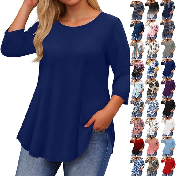 Women's Casual 3/4 Sleeve T-Shirts Gifts for Women Loose Round Neck Cute Tunic Tops Blessed Sweatshirt for Women Heart-patterned Lightweight Thanksgiving Tops Blouse