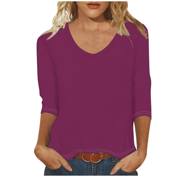 Women's Casual 3/4 Sleeve T-Shirts Loose V-Neck T Shirts Cute Solid Tunic Tops Oversized Tshirts for Women Dark Purple L