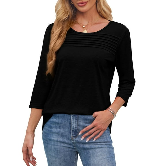 Women's Casual 3/4 Sleeve T-Shirts Round Neck Cute Solid Pleated Tees Dressy Casual Loose Fit Trendy Tops