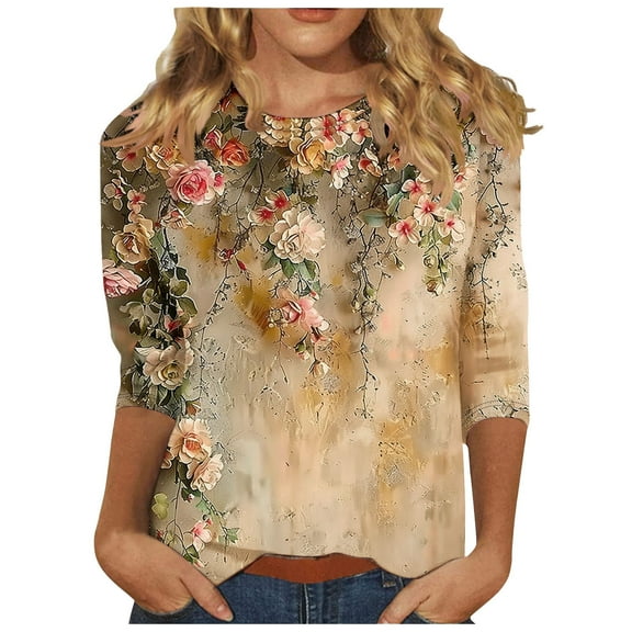Women's Casual 3/4 Sleeve T-Shirts Round Neck Cute Tunic Tops Basic Tees Blouses Business Work Tee Top Floral Print Tunic Blouses 2026 Spring Outfits