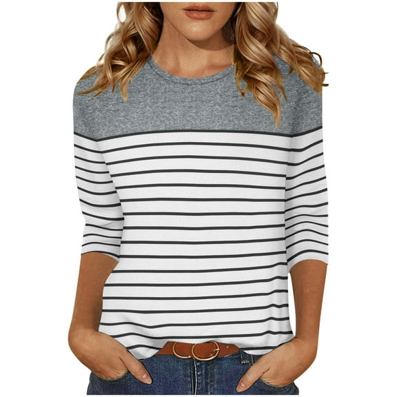 Women's Casual 3/4 Sleeve T-Shirts Round Neck Cute Tunic Tops Basic Tees Blouses Business Work Tee Top Gray 3XL