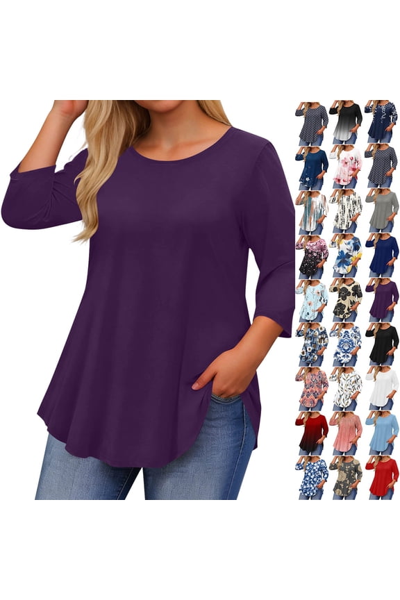 Women's Casual 3/4 Sleeve T-Shirts Round Neck Cute Tunic Tops Basic Tees Blouses Business Work Tee Top for Women Heart-patterned Lightweight Thanksgiving Tops Blouse