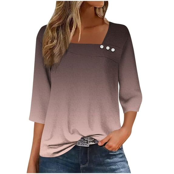 Women's Casual 3/4 Sleeve T-Shirts Round Neck Cute Tunic Tops Gradient Print Basic Blouses Business Work Tee Top