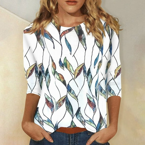 Women's Casual 3/4 Sleeve T-Shirts Round Neck Cute Tunic Tops Tees Blouses Loose Fit Pullover