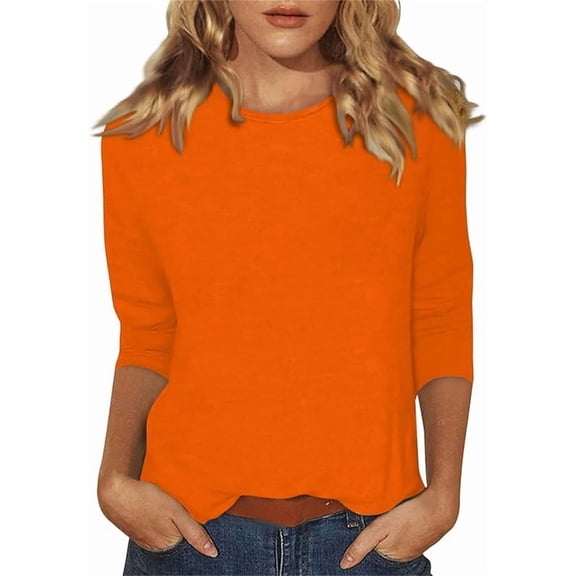 Women's Casual 3/4 Sleeve T-Shirts Round Neck Loose Fit Pullover Cute Tunic Tops Solid Color Basic Business Work Tees Blouses