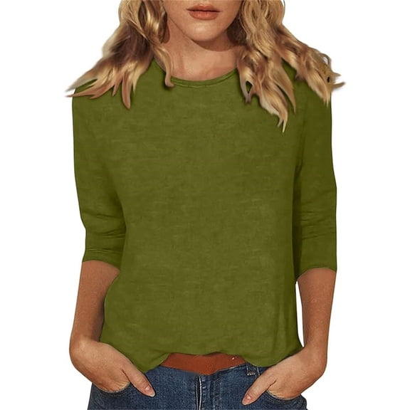 Women's Casual 3/4 Sleeve T-Shirts Round Neck Loose Fit Pullover Cute Tunic Tops Solid Color Basic Business Work Tees Blouses