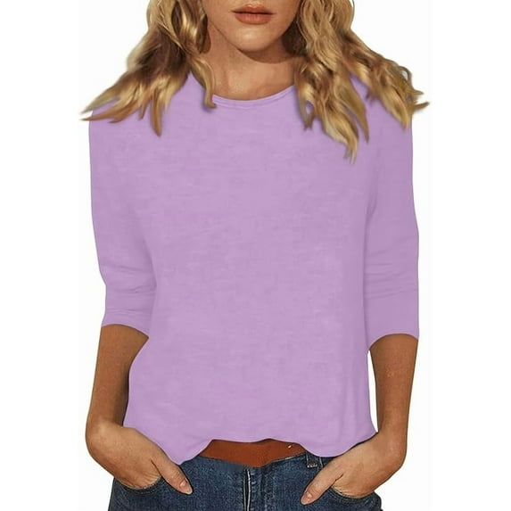 Women's Casual 3/4 Sleeve T-Shirts Round Neck Loose Fit Pullover Cute Tunic Tops Solid Color Basic Business Work Tees Blouses