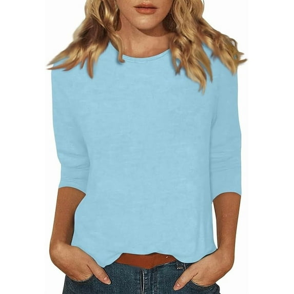 Women's Casual 3/4 Sleeve T-Shirts Round Neck Loose Fit Pullover Cute Tunic Tops Solid Color Basic Business Work Tees Blouses
