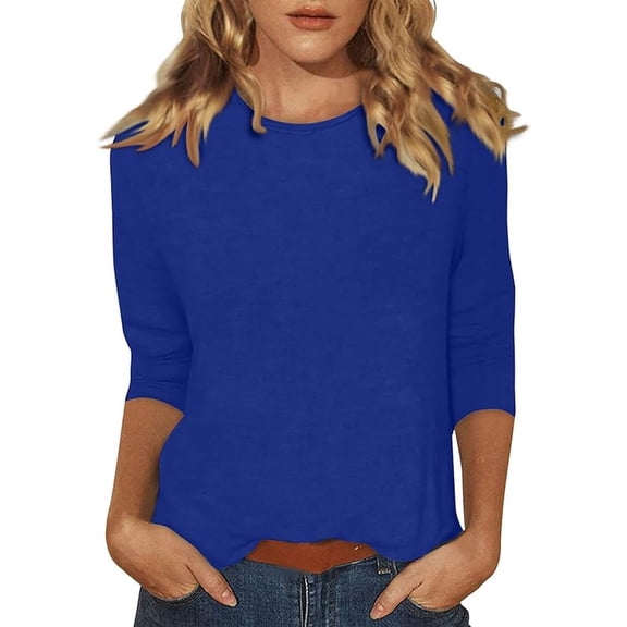 Women's Casual 3/4 Sleeve T-Shirts Round Neck Loose Fit Pullover Cute Tunic Tops Solid Color Basic Business Work Tees Blouses