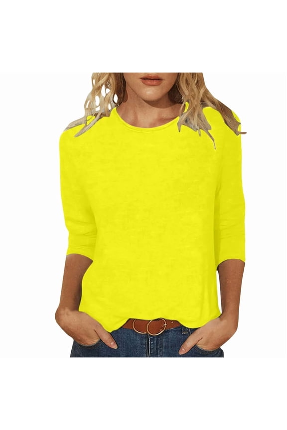 Women's Casual 3/4 Sleeve T-Shirts Round Neck Loose Fit Pullover Cute Tunic Tops Solid Color Basic Business Work Tees Blouses