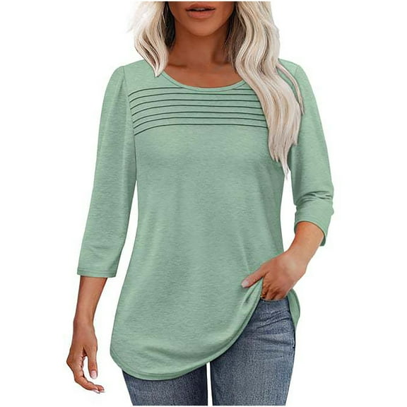 Women's Casual 3/4 Sleeve T-Shirts, Round Neck Pleated Tunic Tops, Basic Solid Color Blouses Tee Green M