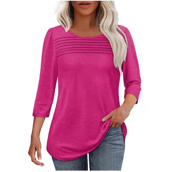 Women's Casual 3/4 Sleeve T-Shirts, Round Neck Pleated Tunic Tops, Basic Solid Color Blouses Tee M