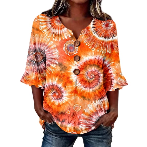 Women's Casual 3/4 Sleeve T-Shirts Trendy Button Tie Dye V Neck 3/4 Sleeve Basic Summer Tops Multicolor 3XL