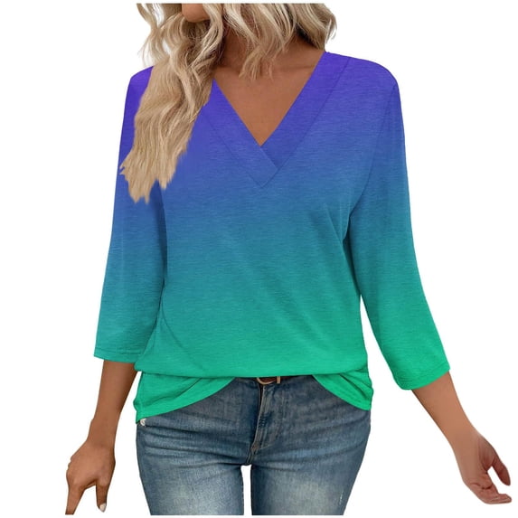 Women's Casual 3/4 Sleeve T-Shirts V Neck Cute Tunic Tops Trendy Graphic Tees Basic Blouses Business Work Tops
