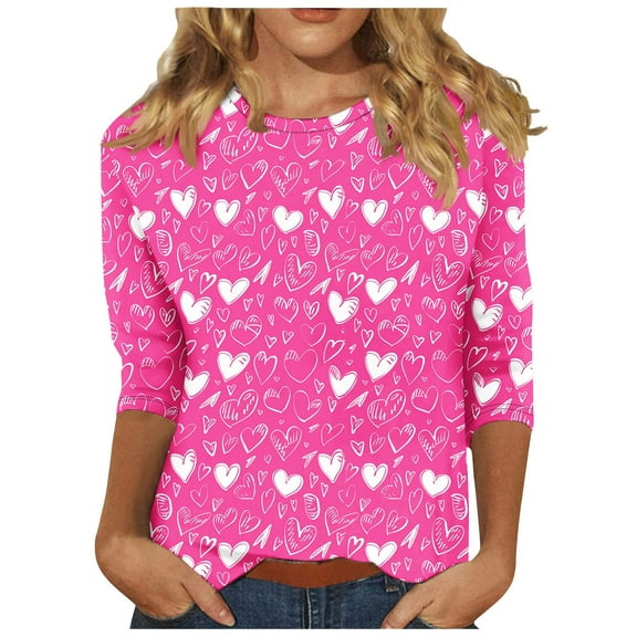 Women's Casual 3/4 Sleeve T-Shirts Valentines Tops Hearts Printed Crew Neck Cute Graphic Tees Loose Fit Tshirts, Hot Pink,XL