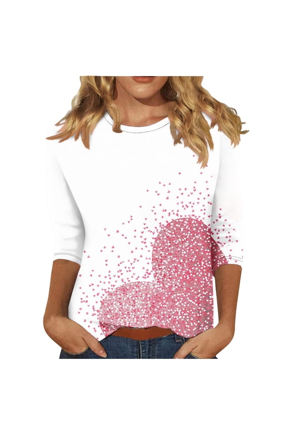 Women's Casual 3/4 Sleeve T-Shirts Valentines Tops Hearts Printed Crew Neck Cute Graphic Tees Loose Fit Tshirts, White H,2XL