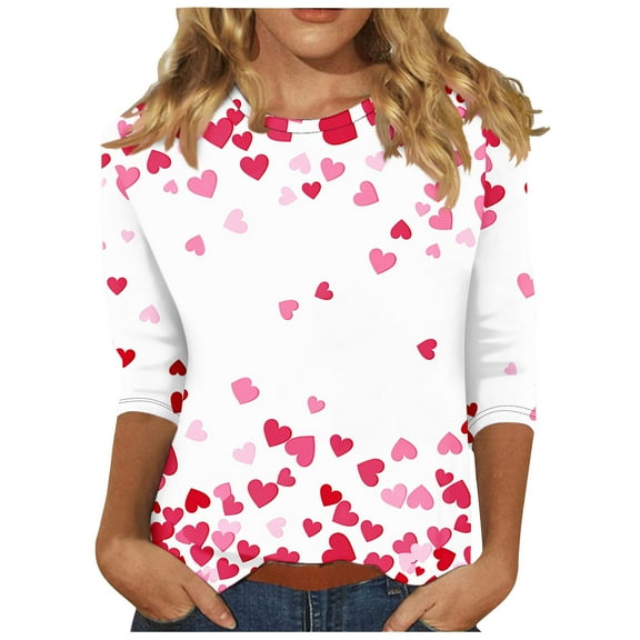 Women's Casual 3/4 Sleeve T-Shirts Valentines Tops Hearts Printed Crew Neck Cute Graphic Tees Loose Fit Tshirts, White K,L
