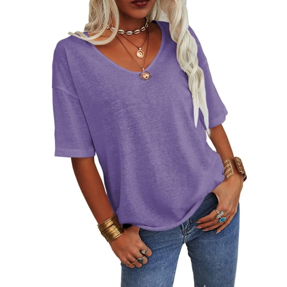 Women's Casual 3/ 4 Sleeve V-Neck Loose Fit T-Shirt, Solid Color Basic Tunic Top, Trendy Summer Blouse