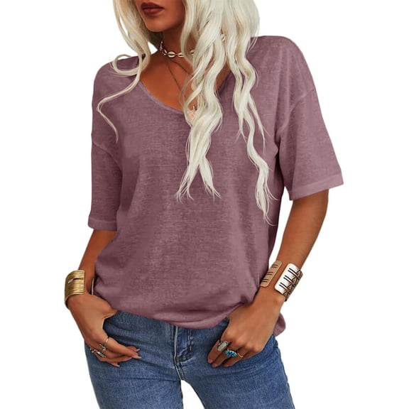 Women's Casual 3/ 4 Sleeve V-Neck Loose Fit T-Shirt, Solid Color Basic Tunic Top, Trendy Summer Blouse