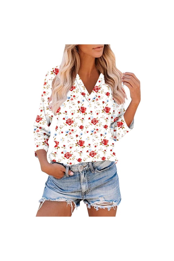 Women's Casual 3/4 Sleeve V-Neck T-Shirt with Blue and White Pattern, Raglan Sleeve Design, Lightweight and Breathable for Daily Wear, Limited Time Off