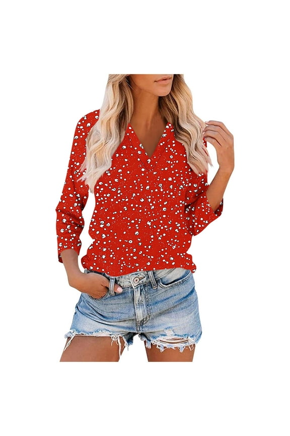 Women's Casual 3/4 Sleeve V-Neck T-Shirt with Blue and White Pattern, Raglan Sleeve Fashion Top, Lightweight and Comfortable for Daily Use, Limited Time Off