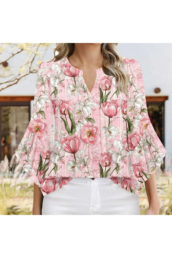 Women's Casual 3/4 Sleeve V-Neck Top with Printed Design, Soft and Comfortable Chiffon Blouse for Business or Summer Wear, Limited Time Off