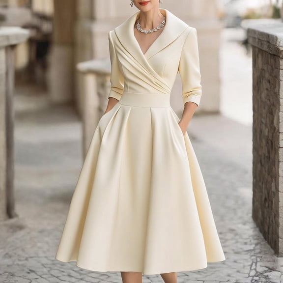 Women's Casual A-Line Dress Wedding Guest Cocktail Church Flare Swing Midi Fall Dresses with 3/4 Sleeve V-Neck Beige S