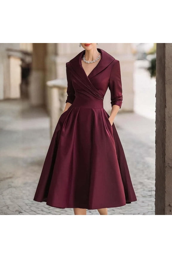 Women's Casual A-Line Dress Wedding Guest Cocktail Church Flare Swing Midi Fall Dresses with 3/4 Sleeve V-Neck Wine L
