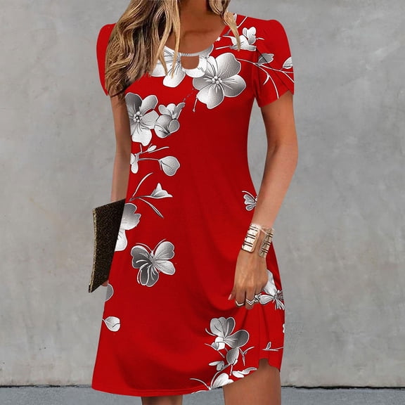 Women's Casual A-Line Dresses with Pockets Summer Floral Tshirt Dress Short Sleeve Mini Dress Flowy Sundresses, Limited Time Under 10 Dollars SA-455