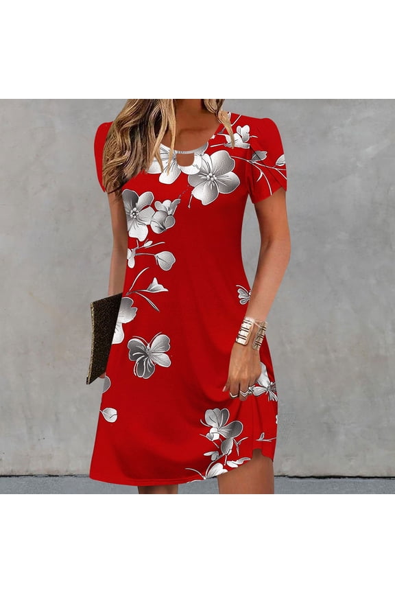 Women's Casual A-Line Dresses with Pockets Summer Floral Tshirt Dress Short Sleeve Mini Dress Flowy Sundresses, Limited Time Under 10 Dollars SA-455