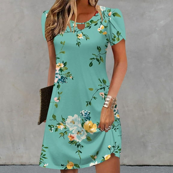 Women's Casual A-Line Dresses with Pockets Summer Floral Tshirt Dress Short Sleeve Mini Dress Flowy Sundresses, Limited Time Under 10 Dollars SA-455