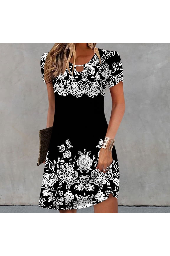 Women's Casual A-Line Dresses with Pockets Summer Floral Tshirt Dress Short Sleeve Mini Dress Flowy Sundresses, Limited Time Under 10 Dollars SA-456