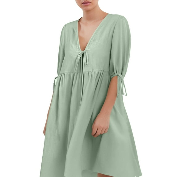 Women's Casual A Line V Neck Dress With Front Tie Detail For Summer Indoor And Outdoor Wear