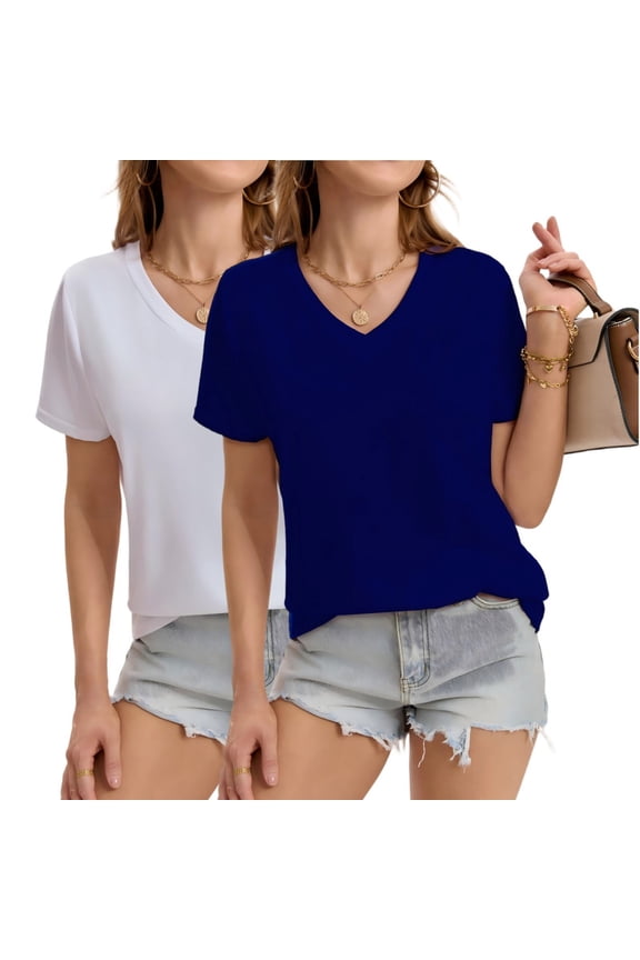 Women's Casual Active Style 2 Pack V Neck Short Sleeve Fitted T-Shirt Stretchy Bodycon Basic Top