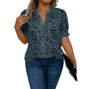 Women's Casual All Over Print Notched Short Sleeve Navy Blue Plus Size Blouses 3XL (18)