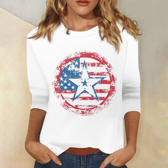 Women's Casual American Flag Heart Graphic T-Shirt, Patriotic Short Sleeve Loose Fit Top for Independence Day Sky Blue M
