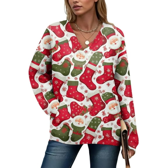 Women's Casual And Fashionable Christmas Print Long-Sleeved Top for Comfortable and Stylish Holiday Season Wear