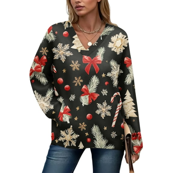 Women's Casual And Fashionable Christmas Print Long-Sleeved Top for Comfortable and Stylish Holiday Season Wear