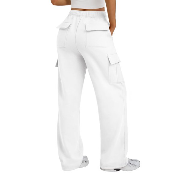 Women's Casual And Fashionable High-Waisted Wide-Leg Utility Trousers With Pockets for Stylish and Practical Outdoor Wear,White,XS