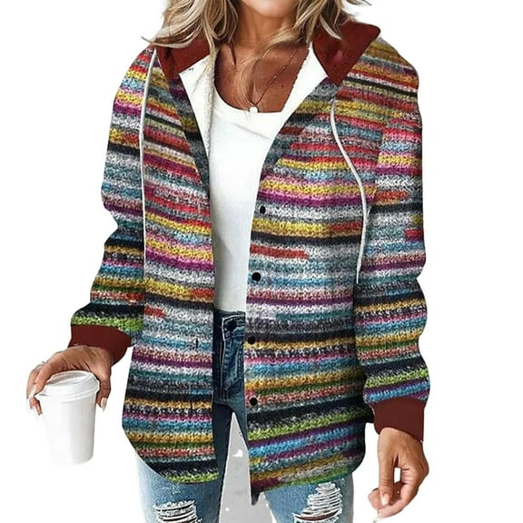 Women's Casual And Fashionable Large Plaid Pattern Patchwork Hooded Button Jacket - Dark Red, Size S