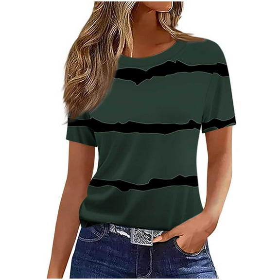 Women's Casual And Fashionable Printed T-shirt With Round Neck And Short Sleeved Top
