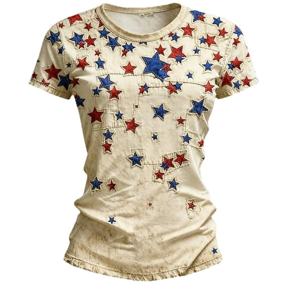 Women's Casual And Fashionable Short-sleeved Printed T-shirt Top Beige L