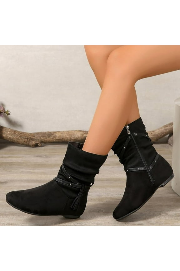 Women's Casual Ankle Boots Flat Mid Calf Low Heel Suede Round Short Boots Winter Sonw Boot (Black 39)