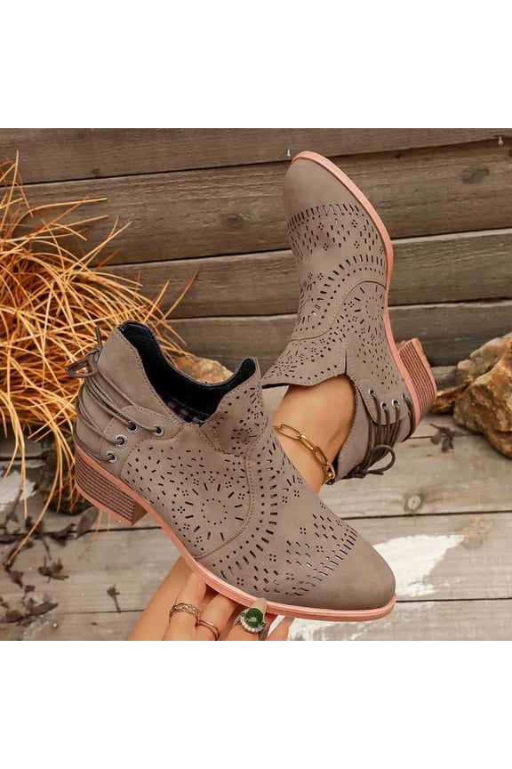 Women's Casual Ankle Boots,Hollow Out Back,Lace-Up Mid Heel,Soft Faux Upper,Breathable Cutouts,Stacked Block Heel,Rubber Sole,Vintage Western Style,Comfortable Fit for Concerts Parties Use Khaki F