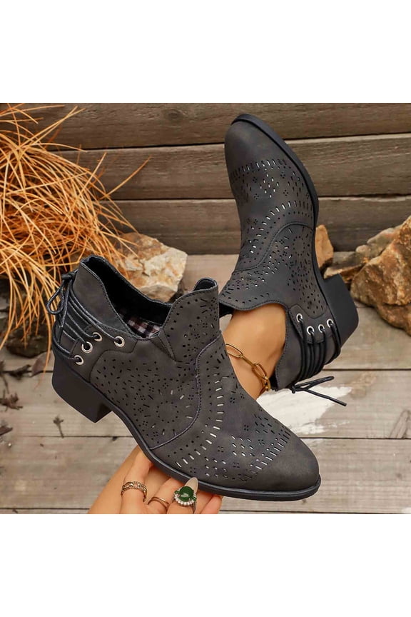 Women's Casual Ankle Boots,Hollow Out Back,Lace-Up Mid Heel,Soft Faux Upper,Breathable Cutouts,Stacked Block Heel,Rubber Sole,Vintage Western Style,Comfortable Fit for Concerts Parties Use Black