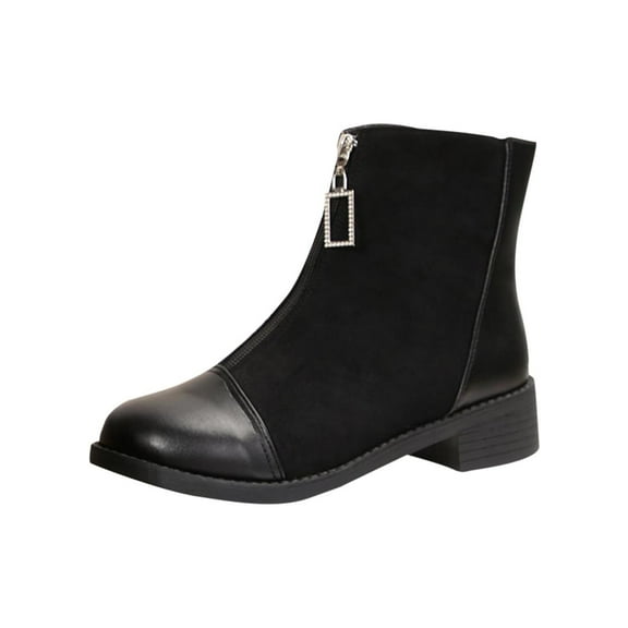 Women's Casual Ankle Boots, Solid Color Zipper Design, Round Toe, Low Block Heels, Spring Autumn Fashion Footwear Black,36