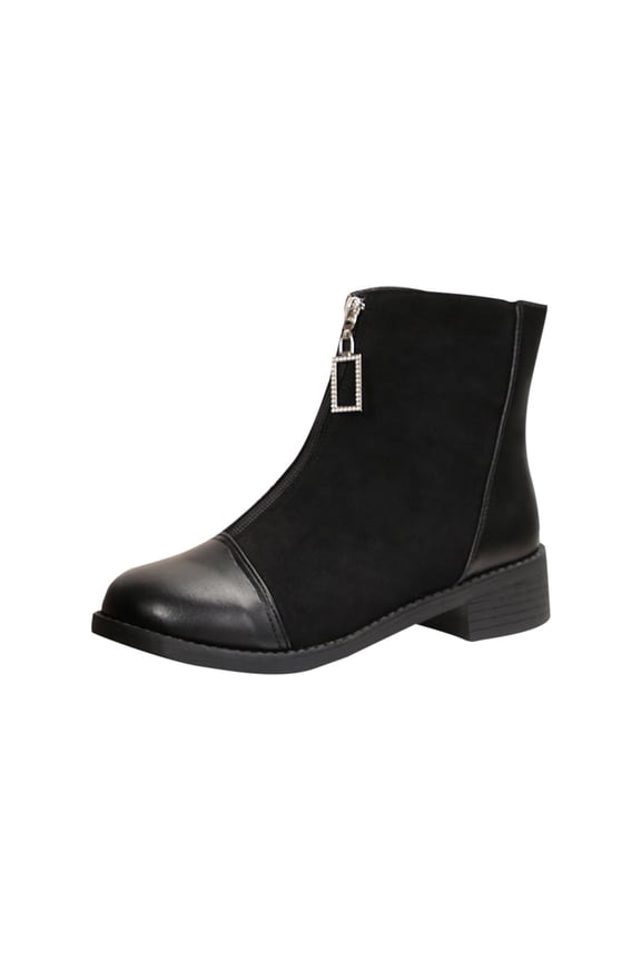 Women's Casual Ankle Boots, Solid Color Zipper Design, Round Toe, Low Block Heels, Spring Autumn Fashion Footwear Black,38